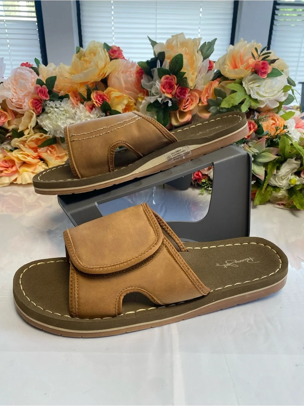 Panama Jack Adjustable Hook & Loop Slide Sandals Brown XL 12-13